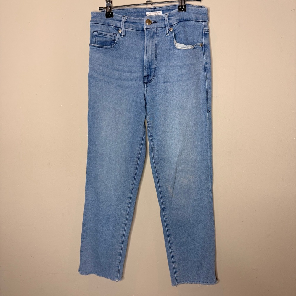 Good American Good Straight Light Wash High Rise Raw Hem Jeans Distressed 6/28